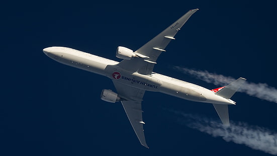  The plane, Boeing 777, In flight, Contrail, Turkish airlines, HD wallpaper HD wallpaper