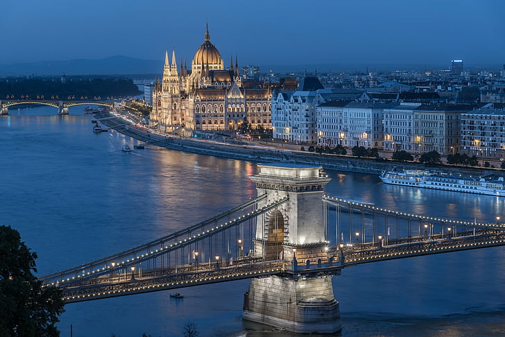 Monument, ungerska parlamentsbyggnaden, bro, Budapest, byggnad, kedjebron, Donau, Ungern, natt, flod, HD tapet