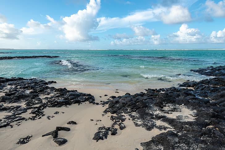 playa, paisaje, naturaleza, cúmulos, nubes, arena, olas, mar, rocas, Mauricio, África, Fondo de pantalla HD