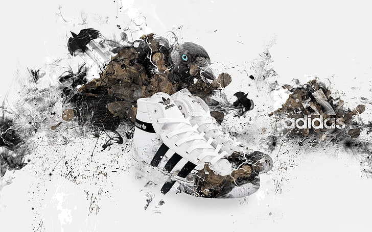 pair of white-brown-and-black Adidas shoes, bird, Adidas, sneakers, brand, HD wallpaper