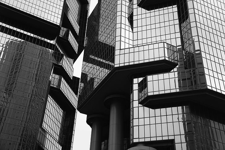 архитектура, черно и бяло, сграда, стъкло, височина, перспектива, небостъргач, HD тапет