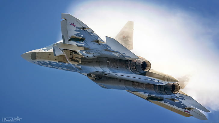 Реактивные истребители, Сухой Су-57, Самолет, Реактивный истребитель, Боевой самолет, HD обои