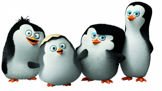 4つのペンギンの図、マダガスカルのペンギン、かわいいペンギン、漫画、マダガスカル、面白い、スキッパー、コワルスキー、リコ、プライベート、時計、HD、2015年のベストアニメーション映画、 HDデスクトップの壁紙 HD wallpaper