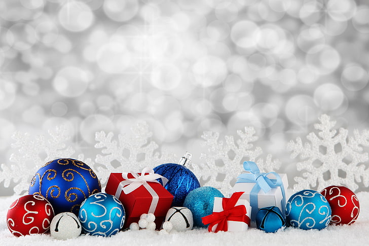 blue and red bauble lot, decoration, New Year, Christmas, Merry, HD wallpaper