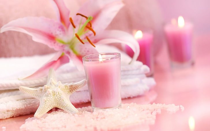 pink votive candles, flowers, flame, pink, Lily, candle, towel, crystals, starfish, sea, Spa, salt, gentle mood, Tender spirit, HD wallpaper
