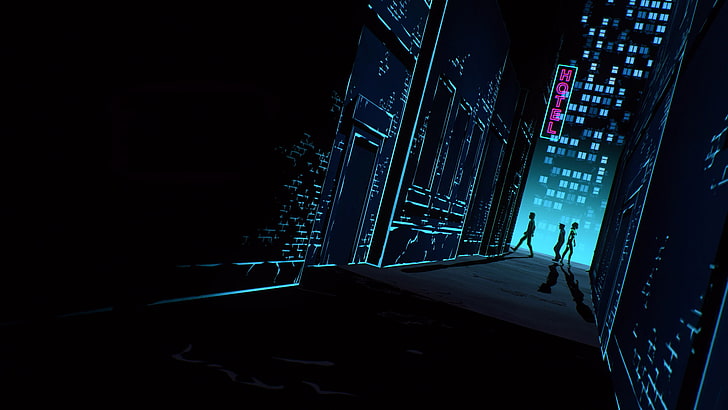 black and white wooden cabinet, neon, cityscape, black, dark, The Wolf Among Us, cyan, alleyway, city, artwork, HD wallpaper