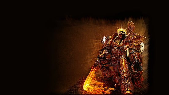 架空のキャラクターの鎧を着て剣を保持しているデジタル壁紙、炎、剣、爪、ウォーハンマー、40k、黄金の鎧、人類の皇帝、人類の皇帝、 HDデスクトップの壁紙 HD wallpaper