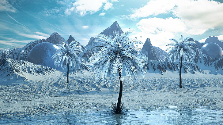 Cinema 4D, landscape, 3D Abstract, digital art, cyan, ice, frost, snow, mountains, palm trees, HD wallpaper