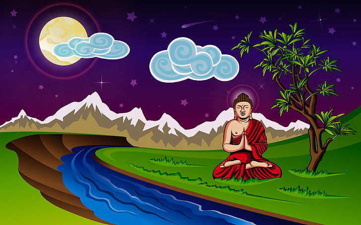 Arte de Buda, Buda al lado del árbol bajo la ilustración del cielo azul, Dios, Señor Buda, Fondo de pantalla HD