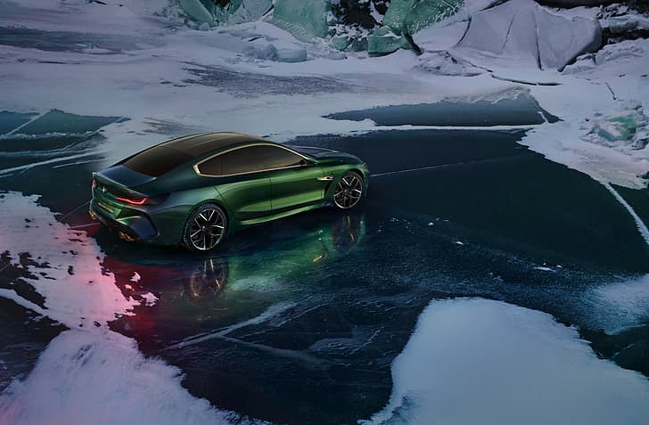 сняг, купе, лед, BMW, слана, 2018, M8 Gran Coupe Concept, HD тапет