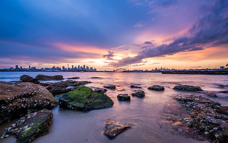 Pink Sky Of Sydney, Австралия, город, городской пейзаж, длительная экспозиция, фотография, пурпурный, скалы, морской пейзаж, горизонт, закат, sydneyaustralia, вода, HD обои