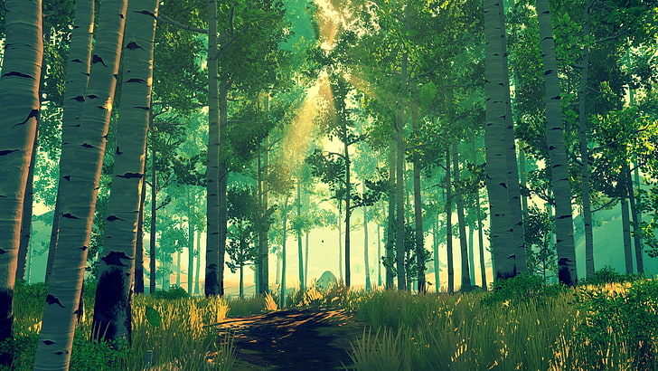 pintura de árboles de hojas verdes, bosque, en el juego, Firewatch, Fondo de pantalla HD