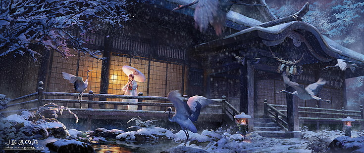 zwierzęta, Anime Girls, ptaki, Japonia, ultra, szerokie, Tapety HD HD wallpaper