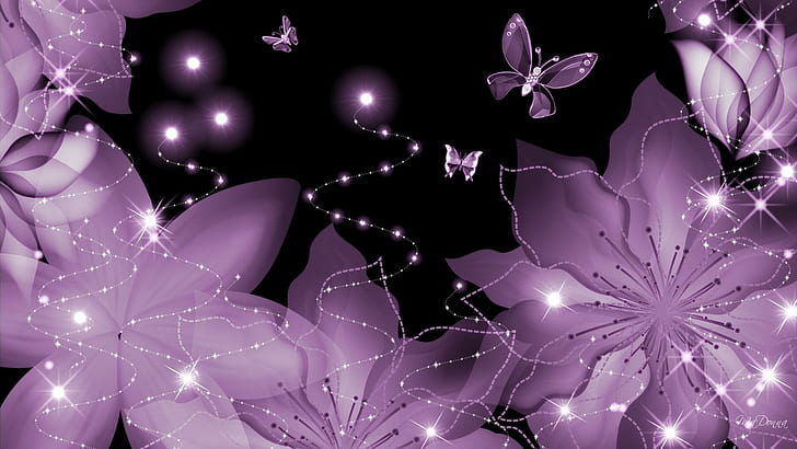Lila kronbladsvingar, lila fjärilar och blommaillustration, firefox-persona, glöd, stjärnor, lager, fjäril, lavendel, blommor, gnistrar, lila, kronblad, 3d och en, HD tapet