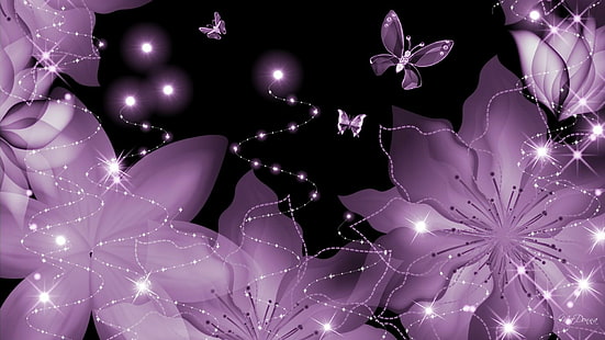 Ali di petali viola, farfalle viola e illustrazione di fiori, firefox persona, bagliori, stelle, strati, farfalla, lavanda, fiori, scintillii, viola, petali, 3d e un, Sfondo HD HD wallpaper