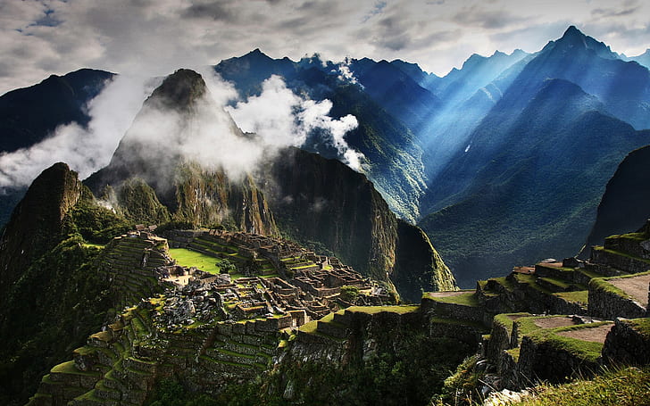 Resa till Peru, Machu Picchu, berg, dimma, morgon, solstrålar, Resa, Peru, Machu, Picchu, berg, dimma, morgon, sol, strålar, HD tapet