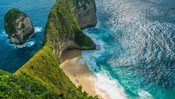 пейзаж, природа, вода, море, остров, плаж, пясък, растения, вълни, водни вълни, Kelingking Beach, Бали, Индонезия, скали, Индийски океан, HD тапет