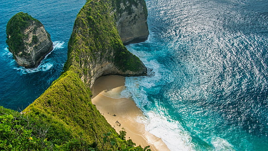 пейзаж, природа, вода, море, остров, плаж, пясък, растения, вълни, водни вълни, Kelingking Beach, Бали, Индонезия, скали, Индийски океан, HD тапет HD wallpaper