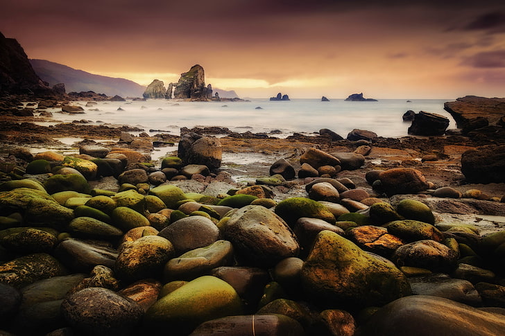 الساحل والبحر والحجارة والطبيعة، خلفية HD
