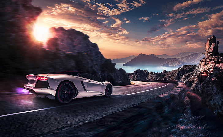 white and red coupe die-cast model, car, artwork, Lamborghini, vehicle, road, motion blur, HD wallpaper