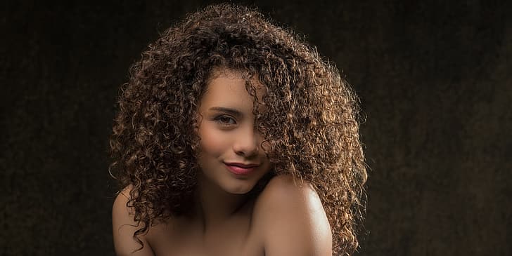 curly hair, face, smiling, bare shoulders, women, model, portrait, women indoors, HD wallpaper