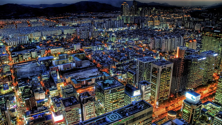 betonowe budynki miejskie, pejzaż miejski, miasto, HDR, budynek, światła, Seul, Korea Południowa, chmury, Tapety HD