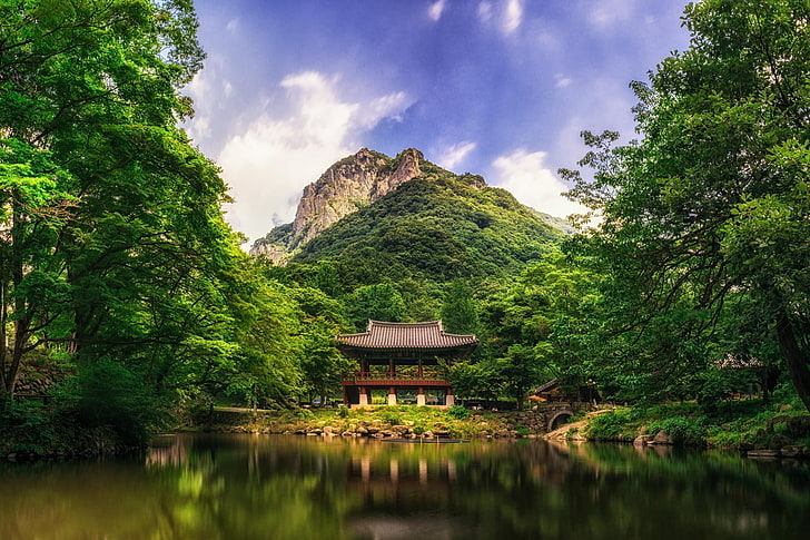 brown gazebo, nature, landscape, mountains, trees, forest, house, lake, South Korea, clouds, reflection, bridge, HD wallpaper