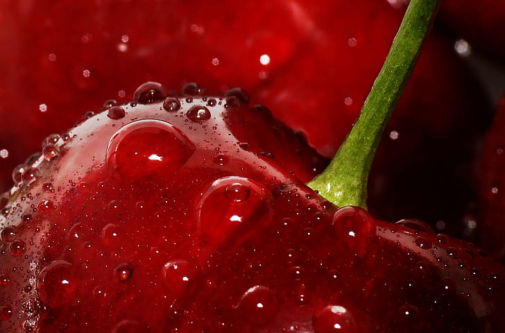 macro photography of water drops on red apple, macro photography, drops, red apple, lumix  dmc-fz30, leica, super, sweet  water, droplets, fruit, food, delicious, luscious, panasonic, cherries, gloss, drop, freshness, wet, close-up, splashing, liquid, red, nature, macro, water, HD wallpaper