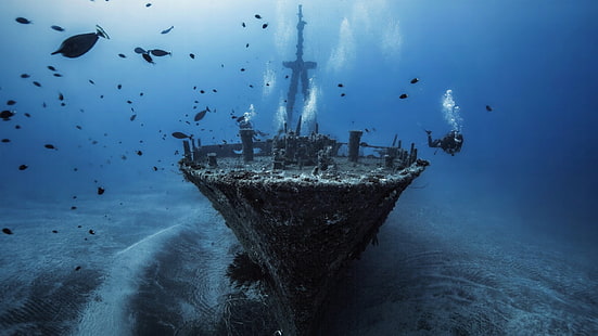 svart skeppsbrott, hav, fartyg, skeppsbrott, vatten, undervatten, fisk, dykare, bubblor, blå, siluett, HD tapet HD wallpaper
