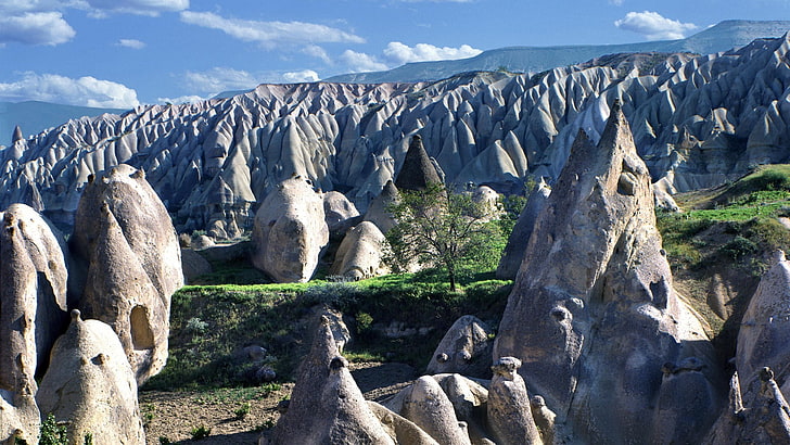 gray stone mountains, Cappadocia, HD wallpaper