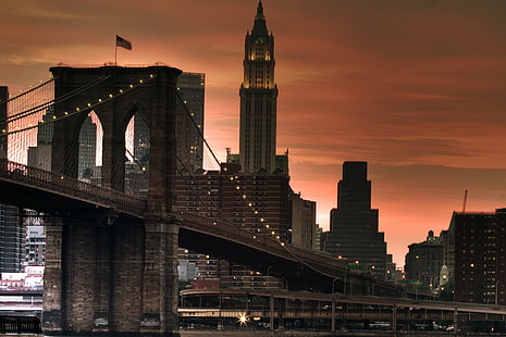 Brooklyn Bridge w Nowym Jorku, brooklyn bridge, Brooklyn Bridge, Sunset, HDR, SML, New York, brooklyn bridge, photomatix, night lights, saturation, top, com, Photography, Study, Composition, Canon 10D, Collection, Flickr, Explore, Analityka, architektura, miasto, geotagged, geo, lat, lon, funkcja, kolor pomarańczowy, f25, 10D, Canon, TC, widoki, galerie, miejski Skyline, pejzaż miejski, słynne miejsce, wieżowiec, Nowy Jork, rzeka, USA, Scena miejska, most - konstrukcja stworzona przez człowieka, dzielnica śródmieścia, noc, Manhattan - Nowy Jork, zmierzch, Tapety HD HD wallpaper