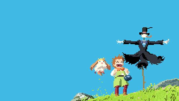 black scarecrow illustration, Studio Ghibli, Howl's Moving Castle, pixels, pixel art, HD wallpaper