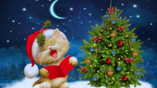 natt, stjärnor, måne, jultomten, söt, juldag, jul, sjunga, barrträd, kattunge, jul, katt, natthimmel, semester, himmel, gran, gran, julprydnad, julgran, juldekoration, HD tapet HD wallpaper