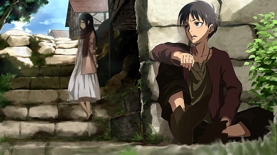 Ilustração de personagem de anime de cabelo preto, Shingeki no Kyojin, Mikasa Ackerman, Eren Jeager, anime, HD papel de parede HD wallpaper