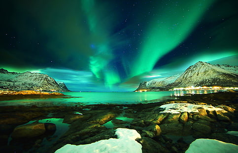 montagna, mare, stelle, neve, montagne, notte, pietre, Norvegia, aurora boreale, Isole Lofoten, Isole Lofoten, Sfondo HD HD wallpaper