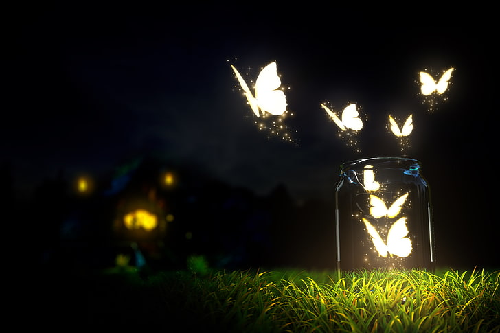 glowing butterflies in jar wallpaper, beautiful, blur, bokeh, bottle, bottles, butterflies, dark, earth, glowing, grass, ground, macro, nature, night, sky, HD wallpaper