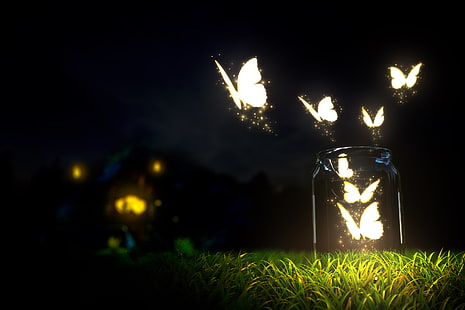 glowing butterflies in jar wallpaper, beautiful, blur, bokeh, bottle, bottles, butterflies, dark, earth, glowing, grass, ground, macro, nature, night, sky, HD wallpaper HD wallpaper