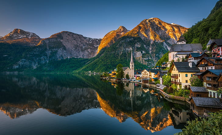 mountains, lake, reflection, building, home, Austria, Alps, town, Hallstatt, Lake Hallstatt, HD wallpaper