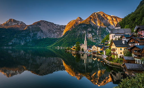dağlar, göl, Yansıma, bina, ev, Avusturya, Alpler, kasaba, Hallstatt, Göl Hallstatt, HD masaüstü duvar kağıdı HD wallpaper