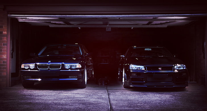 two black vehicles, BMW, Boomer, Nissan, GT-R, Skyline, R34, E38, Bimmer, 750il, HD wallpaper