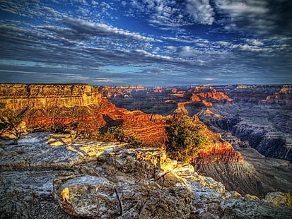 Vista aérea do Grand Canyon sob céu nublado durante o dia, Grand Canyon, Amanhecer, Yavapai, Pt, Vista aérea, nublado, céu, dia, Grand Canyon, nascer do sol, oeste, EUA, EUA, Estados Unidos, Sudoeste, HDR, ngc, naturezaparque nacional do Grand Canyon, paisagens, desfiladeiro, paisagem, sudoeste dos EUA, rocha - objeto, penhasco, utah, deserto, parque nacional, vermelho, ao ar livre, majestoso, beleza natureza, geologia, arenito, famoso lugar, marco nacional, HD papel de parede HD wallpaper