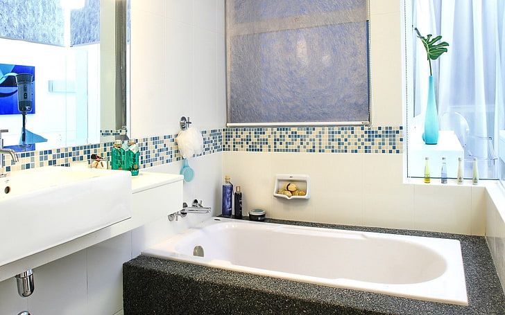 white and black marble bathtub, bath, room, wall, warmth, HD wallpaper