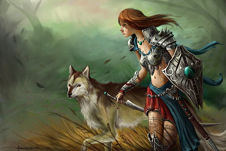 woman holding shield illustration, grass, girl, the wind, patterns, wolf, sword, tattoo, art, shield, HD wallpaper