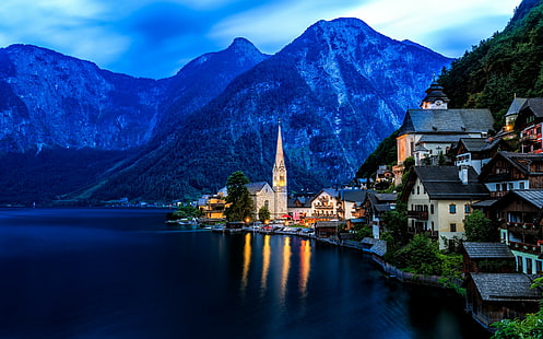 هالستات ، بحيرة النمسا ، منازل بالقرب من جسم مائي ، منزل ، هالستات ، جبال الألب ، جبال الألب ، البحيرة ، الجبل ، البحيرة ، النمسا بحيرة هالستات ، النمسا هالستات، خلفية HD HD wallpaper
