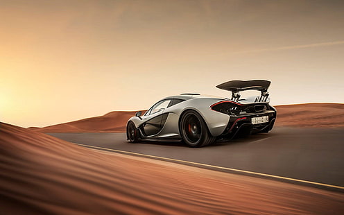 серебро McLaren P1 купе, макларен, p1, суперкар, скорость, пустыня, HD обои HD wallpaper