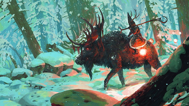 person riding moose digital wallpaper, artwork, fantasy art, deer, wizard, animals, forest, snow, horns, creature, veli nyström, signatures, HD wallpaper