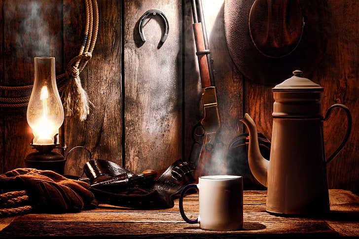 black kerosene lantern, lamp, hat, mug, revolver, Winchester, rifle, Western, equipment, ammunition, colt, wild West, horseshoe, coffee pot, wallpaper., bandolier, cowboy, HD wallpaper