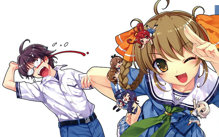 brown hair female anime character illustration, smile cubic, guy, girl, gesture, stroke, pain, HD wallpaper