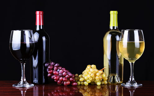 два прозрачных бокала, вино, напиток, виноград, фрукты, алкоголь, HD обои HD wallpaper