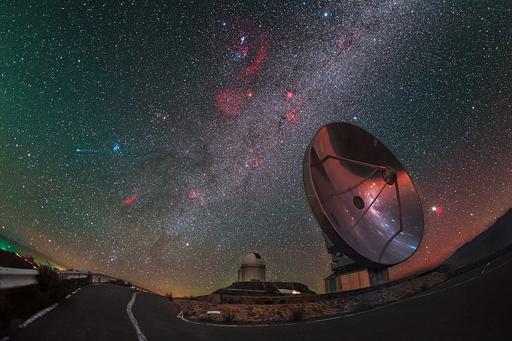 fish-eye photography of satellite at night, photography, landscape, nature, observatory, technology, Milky Way, galaxy, starry night, road, asphalt, long exposure, astronomy, Chile, HD wallpaper